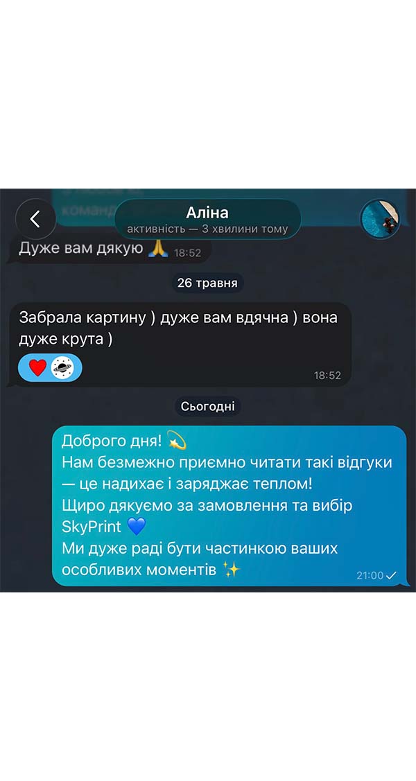 Відгук про картину SkyPrint у повідомленні клієнта