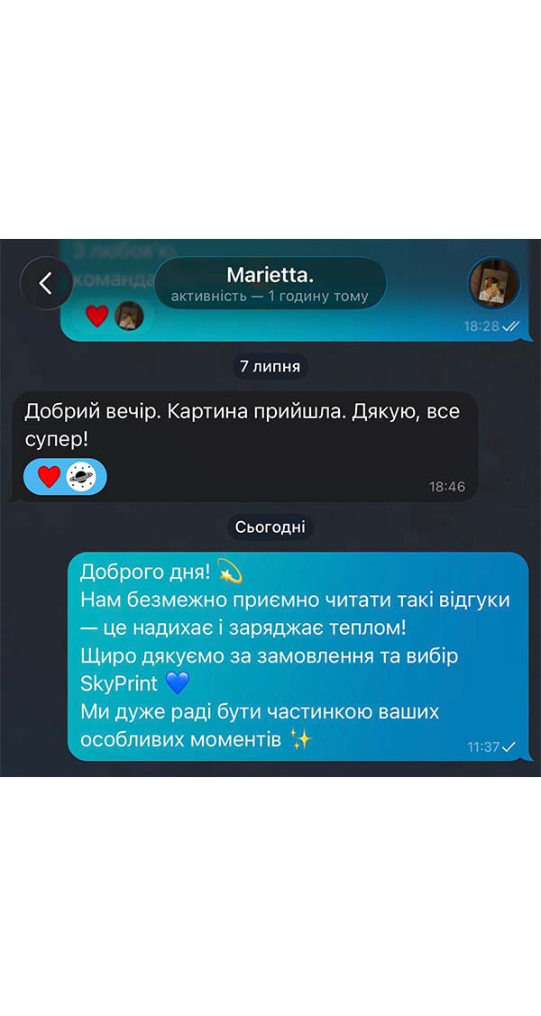 Скріншот відгуку про картину в повідомленні покупця